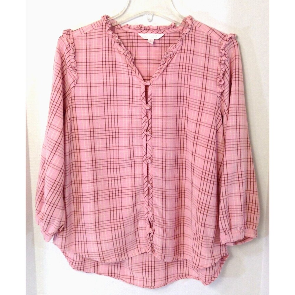 Lauren Conrad Top Wn L Pink Striped Blouse Casual Peasant Boho Milkmaid Ruffles